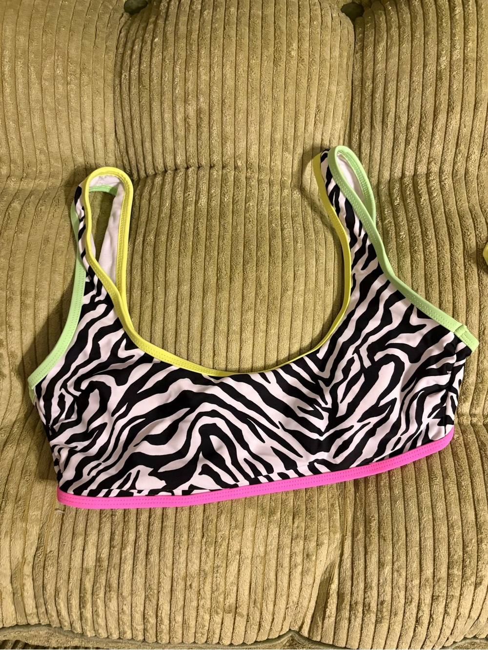 No Boundaries Black and White Zebra Print Bikini Top with Neon Trim